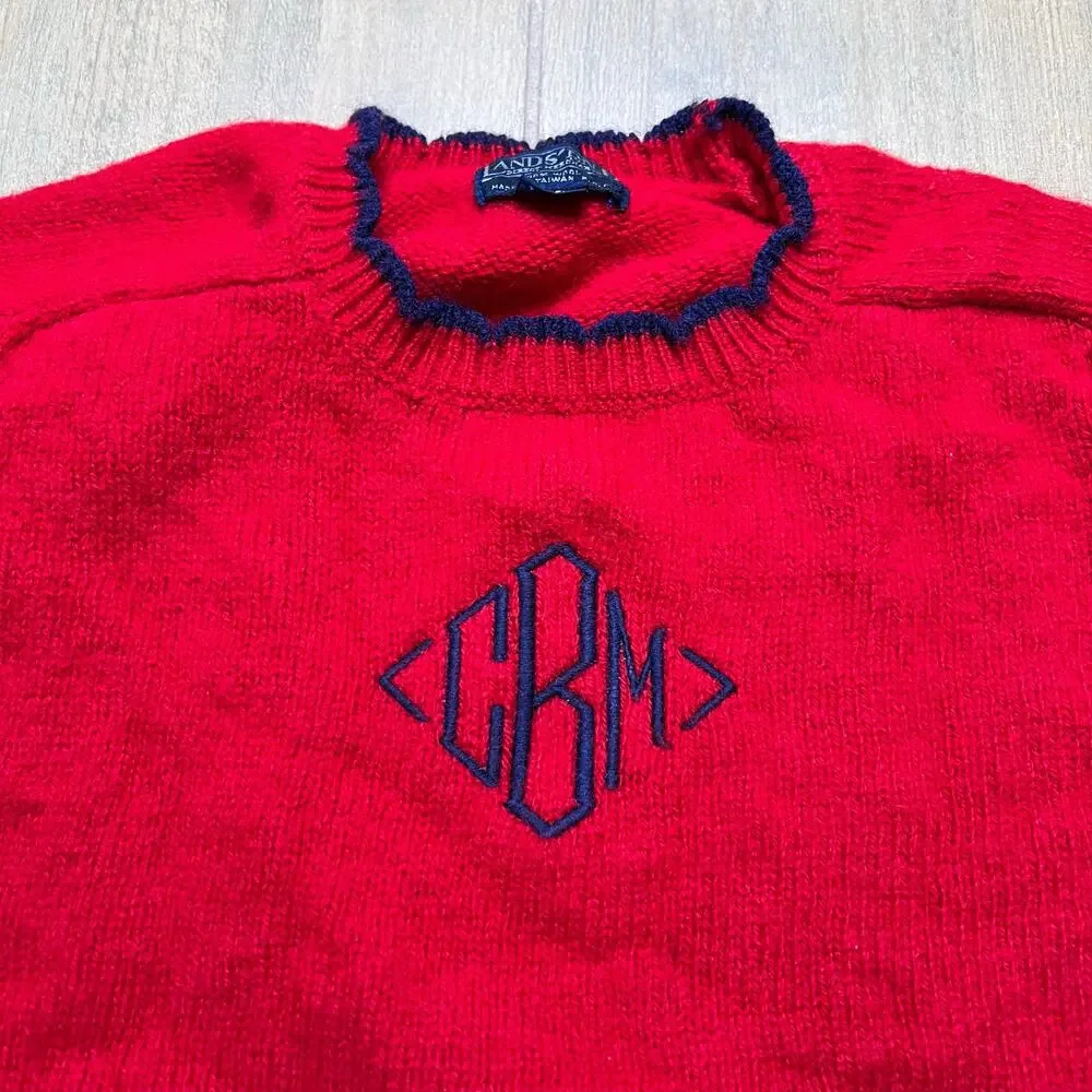 Vintage Lands’ End Red Wool Sweater Womens M Monogram CBM USA‎ Classic 90s